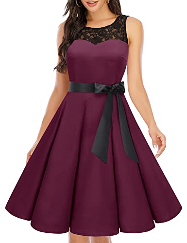 bbonlinedress 1950er Ärmellos Vintage Retro Spitzenkleid Rundhals Abendkleid Burgundy XS von Bbonlinedress