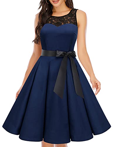 bbonlinedress 1950er Ärmellos Vintage Retro Spitzenkleid Rundhals Abendkleid Navy L von Bbonlinedress