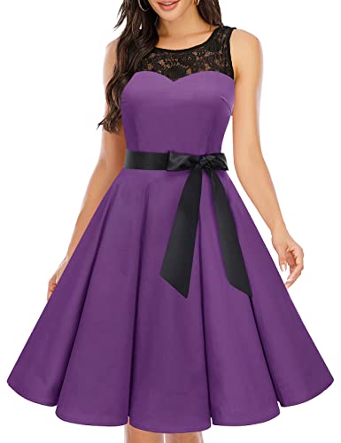 bbonlinedress 1950er Ärmellos Vintage Retro Spitzenkleid Rundhals Abendkleid Purple 2XL von Bbonlinedress