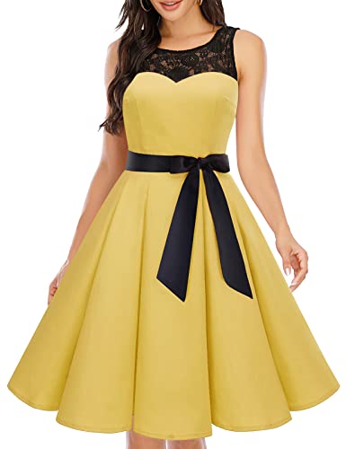 bbonlinedress 1950er Ärmellos Vintage Retro Spitzenkleid Rundhals Abendkleid Yellow 3XL von Bbonlinedress