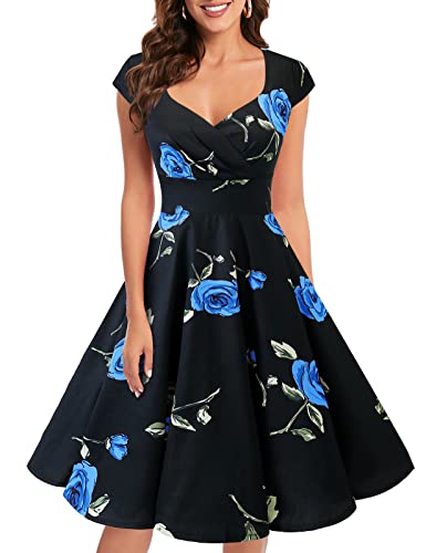 bbonlinedress 1950er Vintage Retro Cocktailkleid Rockabilly V-Ausschnitt Faltenrock Black Blue Brose XS von Bbonlinedress