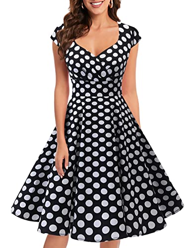 bbonlinedress 1950er Vintage Retro Cocktailkleid Rockabilly V-Ausschnitt Faltenrock Black White BDot 2XL von Bbonlinedress