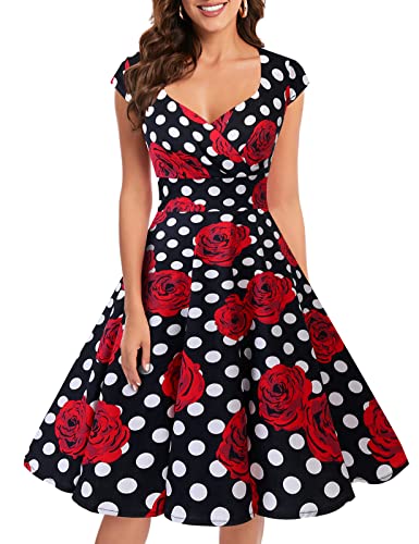 bbonlinedress 1950er Vintage Retro Cocktailkleid Rockabilly V-Ausschnitt Faltenrock Black White Rose S von Bbonlinedress