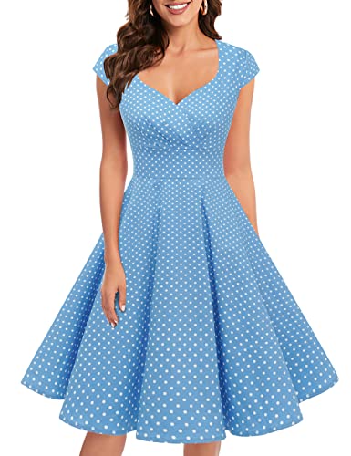 bbonlinedress 1950er Vintage Retro Cocktailkleid Rockabilly V-Ausschnitt Faltenrock Blue Small White Dot S von Bbonlinedress