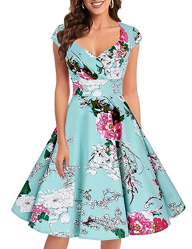 bbonlinedress 1950er Vintage Retro Cocktailkleid Rockabilly V-Ausschnitt Faltenrock Green Flower L von Bbonlinedress