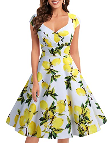 bbonlinedress 1950er Vintage Retro Cocktailkleid Rockabilly V-Ausschnitt Faltenrock Lemon 2XL von Bbonlinedress