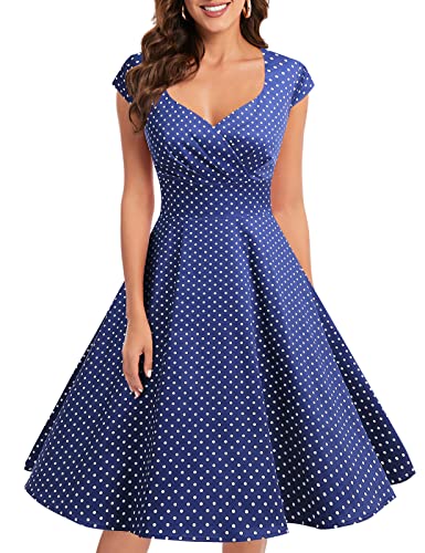 bbonlinedress 1950er Vintage Retro Cocktailkleid Rockabilly V-Ausschnitt Faltenrock Navy Small White Dot XL von Bbonlinedress