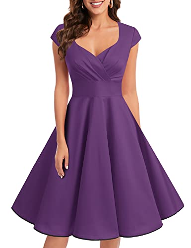 bbonlinedress 1950er Vintage Retro Cocktailkleid Rockabilly V-Ausschnitt Faltenrock Purple S von Bbonlinedress