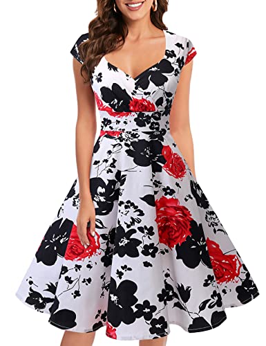 bbonlinedress 1950er Vintage Retro Cocktailkleid Rockabilly V-Ausschnitt Faltenrock Red Flower XS von Bbonlinedress