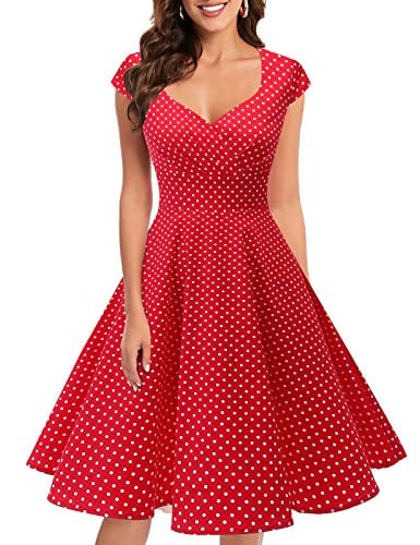 bbonlinedress 1950er Vintage Retro Cocktailkleid Rockabilly V-Ausschnitt Faltenrock Red Small White Dot M von Bbonlinedress