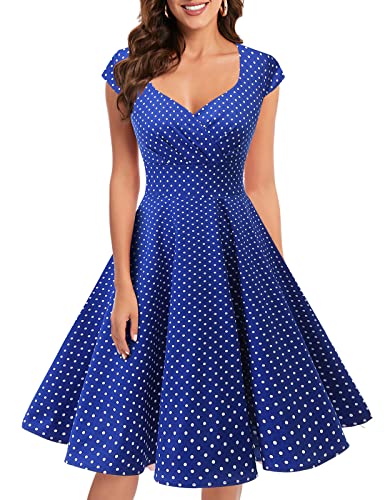 bbonlinedress 1950er Vintage Retro Cocktailkleid Rockabilly V-Ausschnitt Faltenrock Royalblue Small White Dot M von Bbonlinedress