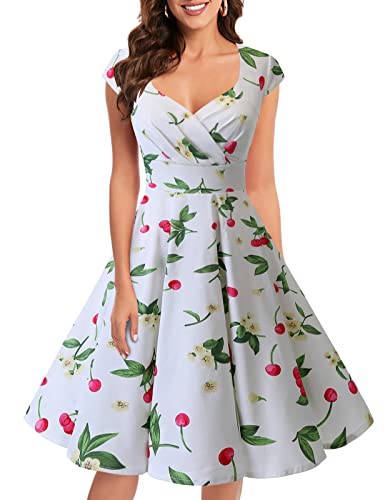 bbonlinedress 1950er Vintage Retro Cocktailkleid Rockabilly V-Ausschnitt Faltenrock White Small Cherry 3XL von Bbonlinedress