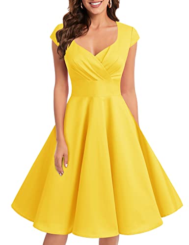 bbonlinedress 1950er Vintage Retro Cocktailkleid Rockabilly V-Ausschnitt Faltenrock Yellow S von Bbonlinedress