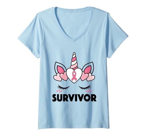 Damen Einhorn Survivor Brustkrebs-Bewusstsein Grafikdesign T-Shirt mit V-Ausschnitt von Bc Cancer Survivor Vibes