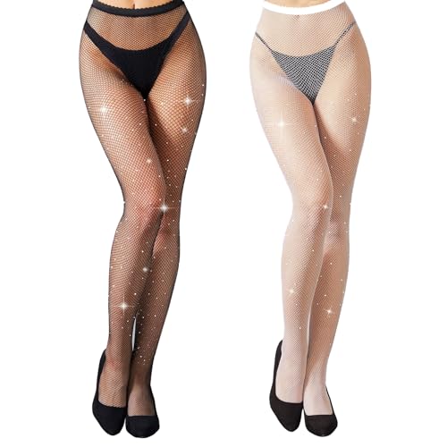 Bcenoilua 2 Pcs Damen Glitzer Strumpfhose mit Strass Set Hohe Taille Fischnetze Dehnbar Nachtclub Strumpfhose Party Strumpf für Partys, Tanzparty,Performances, Tänze, Halloween, Cosplay SET von Bcenoilua