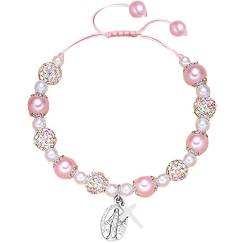 Bcenoilua Armband Geschenke für Mädchen Kreuz Stretch Perlen Armbänder Rosa Perle und Strasskugeln Herz Armband Regenbogen Armbänder für Mädchen Tochter Enkelin FS von Bcenoilua