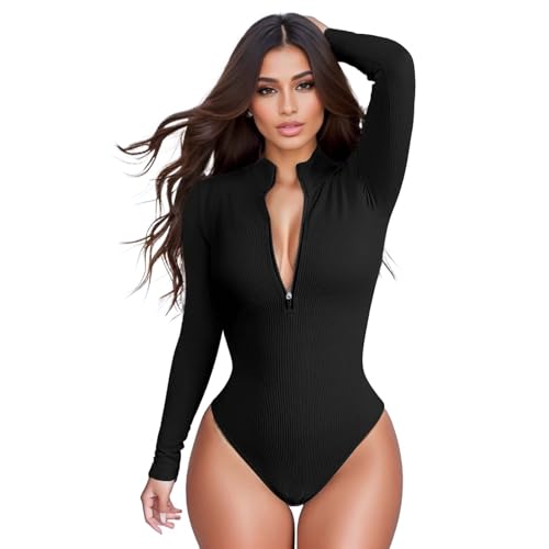 Bcenoilua Body Damen Elegant Langarm Rollkragen Bodysuit Shirts Mode Gerippte Reißverschluss Vorne Jumpsuit Leotard Oberteil Sexy Slim Fit Langarmbody Tops Dehnbare Casual Bodysuits Clubwear von Bcenoilua