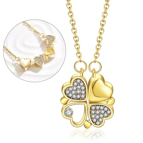 Bcenoilua Damen Halskette Abnehmbare Halskette Vierblättriges Anhänger Schmuck mit Zirkonia Halskette mit vier Herzen Halskette Beste Valentinstagsgeschenke für Frauen Freundin Geburtstag von Bcenoilua