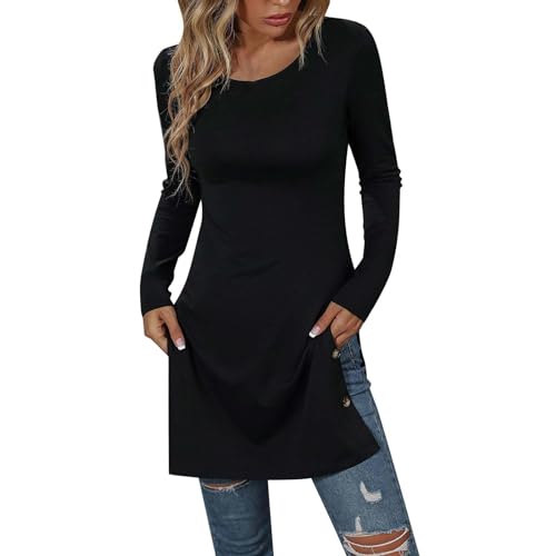 Bcenoilua Damen Kleid Langarm Festlich Knielang Bodycon Kleid Runder Rundhalsausschnitt mit Langen Ärmeln Damenoberteile, Knöpfe, Sweatshirt von Bcenoilua