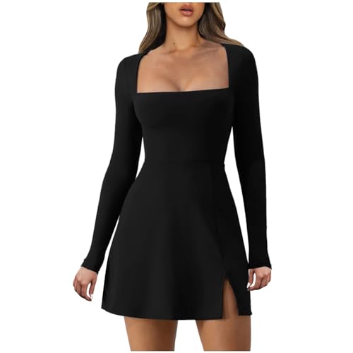 Bcenoilua Damen Langarm Kleider Sexy Flare Miederkleid mit Quadratischem Ausschnitt Eng Kurz Schlitz Minikleid Stretch Elegant Cocktail Bodycon Kurzkleid für Club Party Abend von Bcenoilua