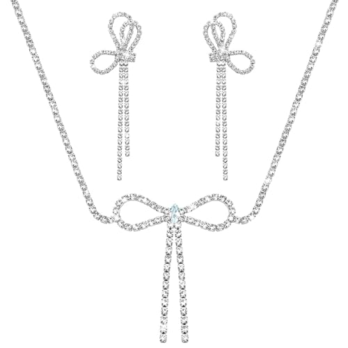 Bcenoilua Damen Schmuckset 925 Sterling Silber Schleife Halskette Anhänger Zirkonia Set 45 cm Kette Ohrringe Schmetterling Form eines Abschlussball Brauthochzeit Valentinstag Party von Bcenoilua