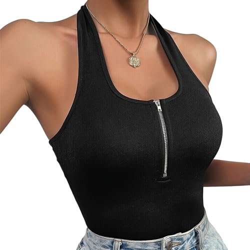 Bcenoilua Damen Tank Top, Trendy Ärmellose Tops Sexy Rückenfrei Y2k Top Sommer Zip Stretch Weste Slim Fit Basic Shirt Camisole Elegantes Sommershirt von Bcenoilua