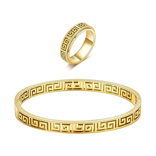 Bcenoilua Schmuck Set für Damen 18K Vergoldet Ringe und Armband mit Griechisch Edelstahl Schmucksets für Geschenke Valentinstag Muttertagsgeschenke Geburtstags von Bcenoilua