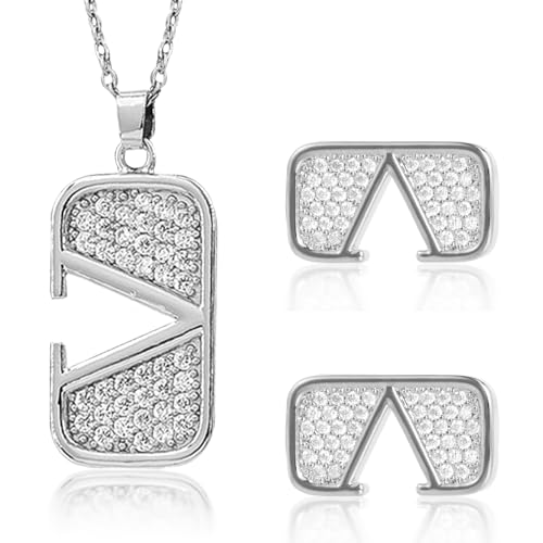 Bcenoilua Schmuckset für Damen Halskette Ohrringe Set Buchstabe V Hypoallergen Quadrate Ohrstecker Edelstahl Strasssteinen Ohrringe Anhänger Halskette für Damen Schmuck Geburtstagsgeschenk von Bcenoilua