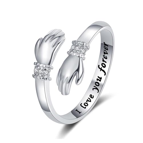 Bcenoilua Sterling Silber Umarmungsringe für Damen Verstellbar Offenen Ringe Romantischer Love Gravierte Worte Umarmung Hände Ring für Dame Freunde Valentinstagsgeschenk Geburtstagsgeschenk von Bcenoilua