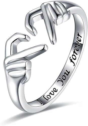 Bcenoilua Sterling Silber Umarmungsringe für Damen Verstellbar Offenen Ringe Romantischer Love Gravierte Worte Umarmung Hände Ring für Dame Freunde Valentinstagsgeschenk Geburtstagsgeschenk von Bcenoilua