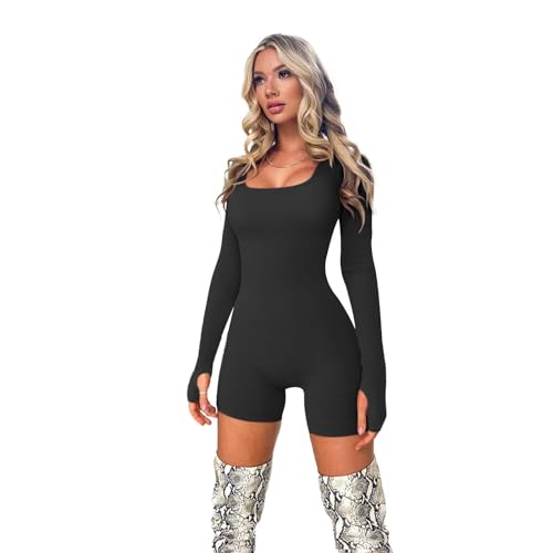 Bcenoilua Women's Jumpsuit Long Sleeve Square Neck Kurz Short Sexy Rippenstrick Bodycon Elegant One Piece Romper Schmale Passform Sportkleidung Trainingsanzug für Yoga Workout HS Bcenoilua Women's Jumpsuit Long Sleeve Square Neck Kurz Short Sexy Rippenstrick Bodycon Elegant One Piece Romper Schmale Passform Sportkleidung Trainingsanzug für Yoga Workout HS von Bcenoilua