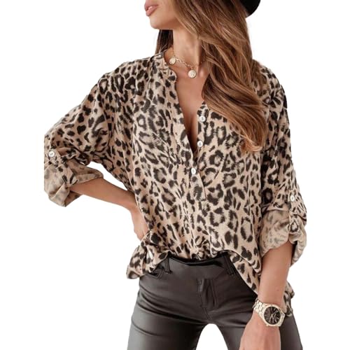 Bluse Damen Lässiges 3/4 Ärmelmit V-Ausschnitt Leopardenmuster Blusen Tunika Sommer Tops Casual Langarmshirt Top Shirt Lässig Oberteil Aufrollen Tops Elegant von Bcenoilua