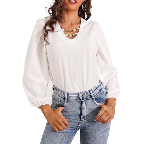 Bluse Damen V Ausschnitt Kette Laternenärmel Oberteile Locker Elegante Sexy Solid Mode Langarmshirt Top BL von Bcenoilua