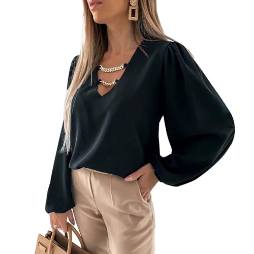 Bluse Damen V Ausschnitt Kette Laternenärmel Oberteile Locker Elegante Sexy Solid Mode Langarmshirt Top HL von Bcenoilua