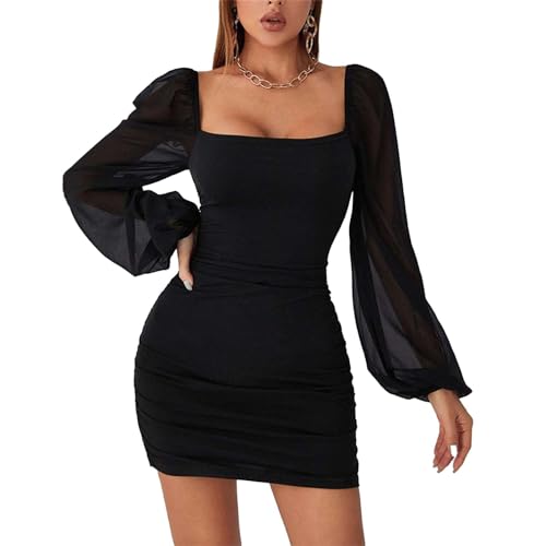 Damen Mesh Bubble Sleeve Quadratischer Ausschnitt Figurbetontes Elegant Langarm Kleid Partykleid Bodycon Hohe Elastizität Partykleid glänzend Club Dress HL von Bcenoilua