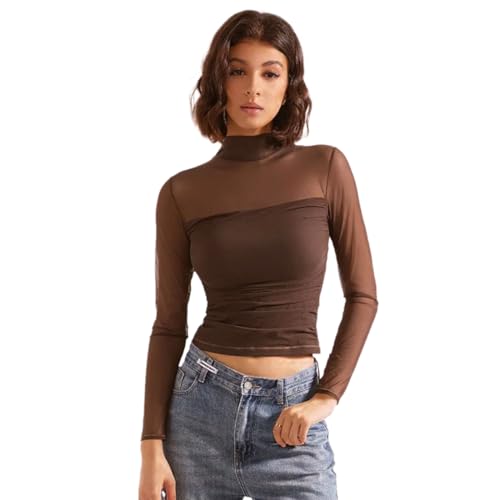 Damen Sheer Mesh Langarmshirt Sexy Transparentes Netzoberteil Durchsichtige Langarmshirt Casual Tops Hoher Kragen Sheer Bluse Schwarz/Braun Mesh Sheer Oberteile Tüll Clubwear Party Tops von Bcenoilua
