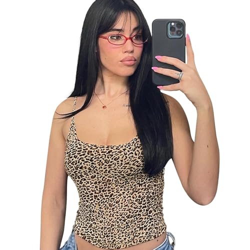 Damen Spaghetti Top Sommer Ärmellose Tanktop Leopard Y2K Crop Tops Basic Trendy Rückenlose Oberteile Ausgehen Camis Vest S von Bcenoilua