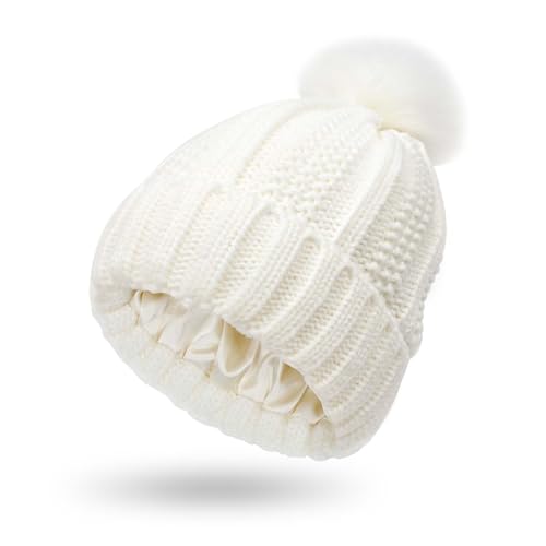 Damen Winter Mütze Warme Strickmütze mit Kunstfell Fell-Bommel Strick-Mütze Satiniert Gefüttert Dicke Ohrenschutz Gestrickte Beanie von Bcenoilua