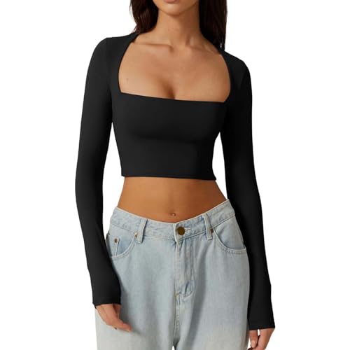 Langarmshirt Damen Sexy Square Neck Langarm T-Shirt Y2K Slim Fit Crop Tops Stretchy SolidBasic Top Trendy Casual von Bcenoilua