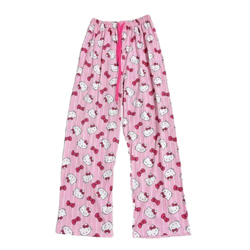 Pyjama Hose Damen Kitty Hose Schlafanzughosen für Sommer Bequeme Pyjamahose Stretch Loungehose mit Kordelzug Cartoon Anime Pyjama Schlafhose Kawaii von Bcenoilua