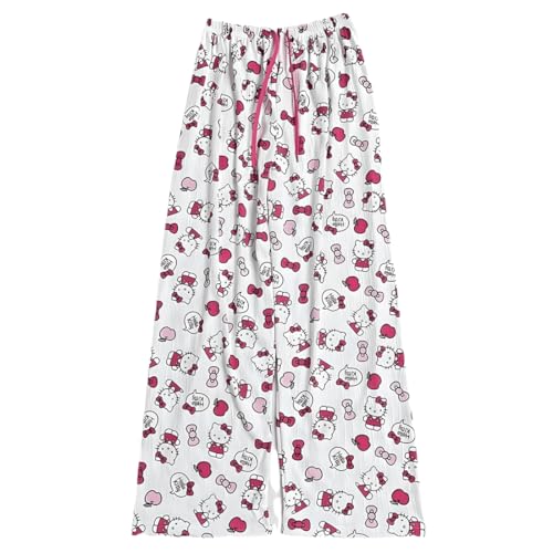 Pyjama Hose Damen Kitty Hose Schlafanzughosen für Sommer Bequeme Pyjamahose Stretch Loungehose mit Kordelzug Cartoon Anime Pyjama Schlafhose Kawaii von Bcenoilua