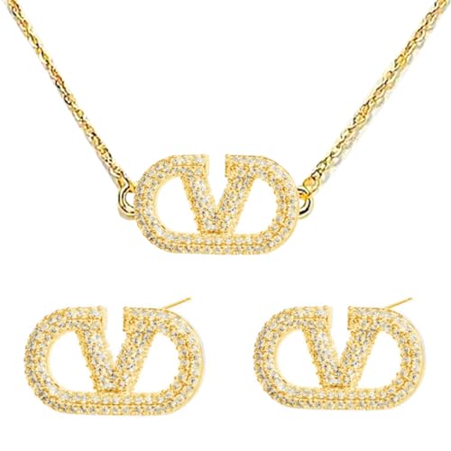 Schmuckset für Damen Halskette Ohrringe Set Buchstabe V Geometrische Hypoallergen Quadrate Ohrstecker Ohrringe Anhänger Halskette Modeschmuck für Frauen und Mädchen Geschenke Gold & Silber JS von Bcenoilua