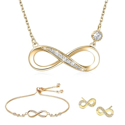 Schmucksets für Damen 925 Sterling Silber Zirkonia Halskette Armkette Ohrstecker mit Anhänger Unendlichkeit Infinity Symbol Verstellbar Armband Halsketten Schmuck-Set für Geburtstag Roségold von Bcenoilua
