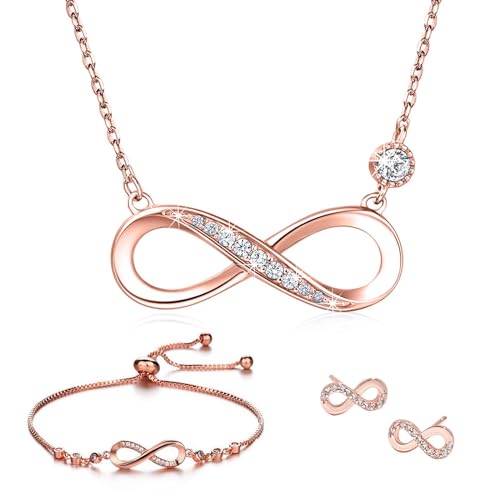 Schmucksets für Damen 925 Sterling Silber Zirkonia Halskette Armkette Ohrstecker mit Anhänger Unendlichkeit Infinity Symbol Verstellbar Armband Halsketten Schmuck-Set für Geburtstag Roségold von Bcenoilua