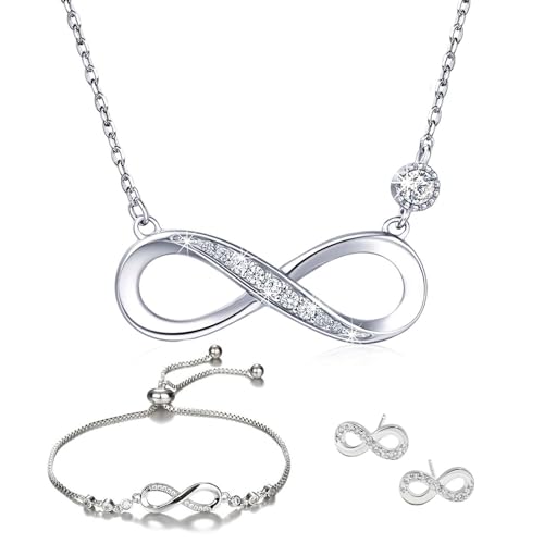 Schmucksets für Damen 925 Sterling Silber Zirkonia Halskette Armkette Ohrstecker mit Anhänger Unendlichkeit Infinity Symbol Verstellbar Armband Halsketten Schmuck-Set für Geburtstag Roségold von Bcenoilua