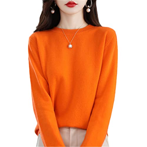 100% Wolle Kaschmir Pullover Damen Lose Casual Strick Rundhals für Herbst und Winter Orange L von Bciopll