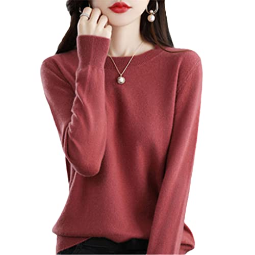 100% Wolle Kaschmir Pullover Damen Lose Casual Strick Rundhals Herbst Und Winter Rot Bean Paste M von Bciopll
