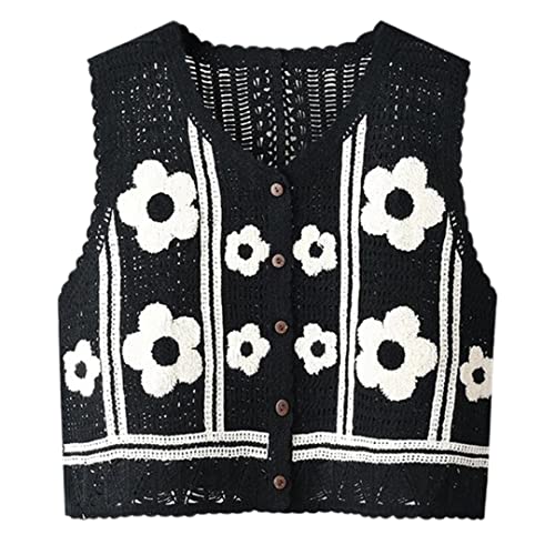 Bciopll Damen Boho Häkelstrickweste Weste Blumenmuster ärmellos V-Ausschnitt Cardigan, Abschnitt 3 schwarz, One size von Bciopll