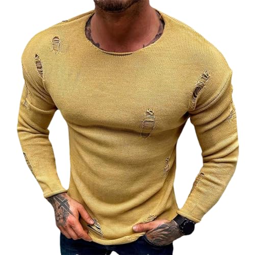 Bciopll Herren Retro Strickpullover O-Ausschnitt Pullover Zerrissene Pullover Herren Gothic Pullover Yellow XL von Bciopll