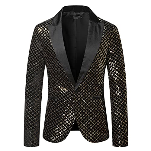 Bciopll Silberne Pailletten Karomuster Anzug Jacke Blazer Herren Slim Fit One Button Blazer Party, gold, S von Bciopll